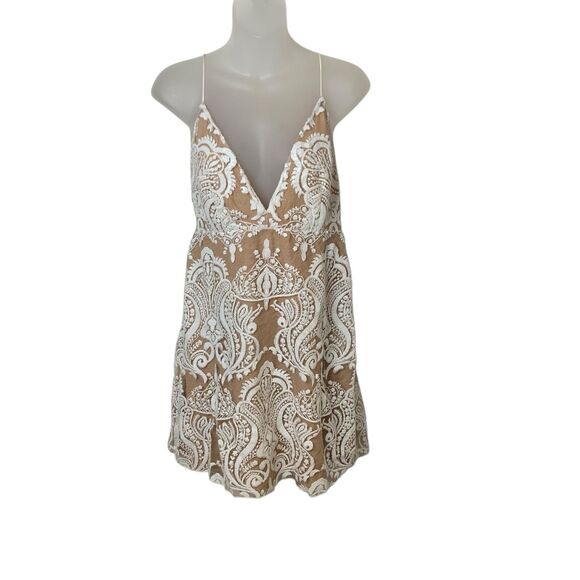 Free People Shimmering Sequin Mini Tank Dress Embroidery Lace Overlay Ivory Sz 8 - Picture 5 of 12
